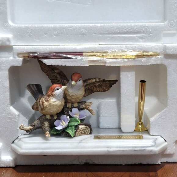 VTG Porcelain Sparrow Pen Holder Figurine Marble Base Bible Verse